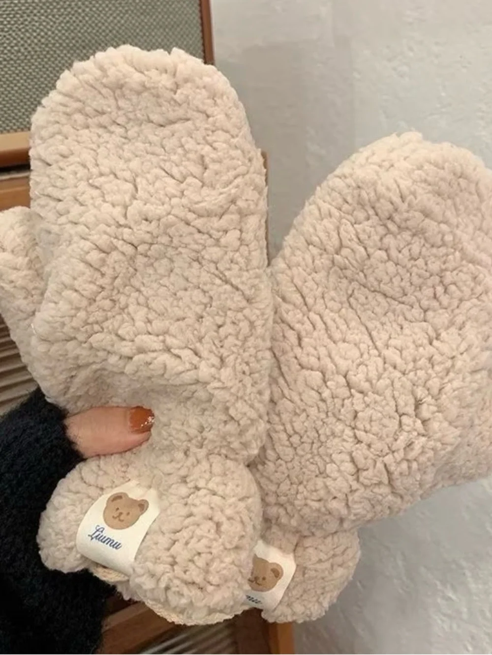 Kids Plush Mittens - Cream and Brown